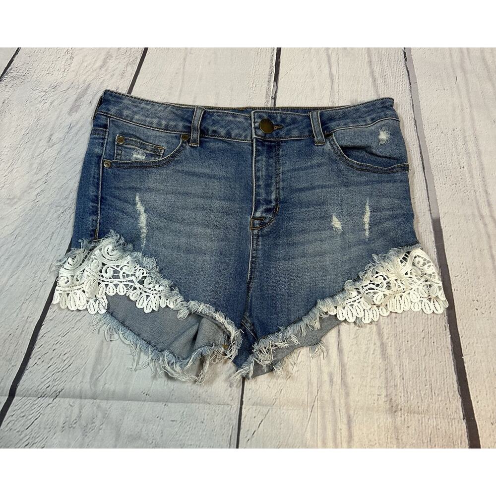 CP Jean Shorts Lace Trim Distressed Blue Denim Frayed Hem Festival Shorts Size 9